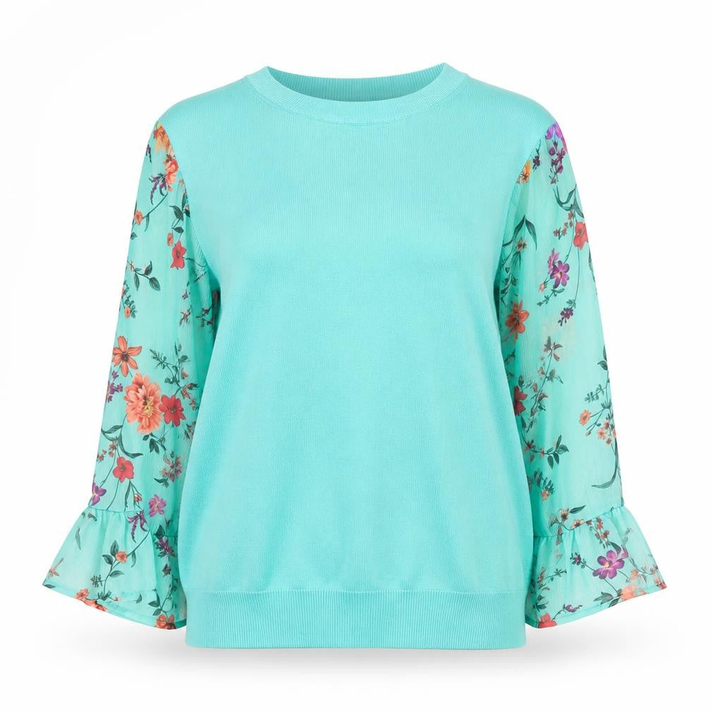 Front view of Love & Roses Women's Blue Floral jumper UK 12