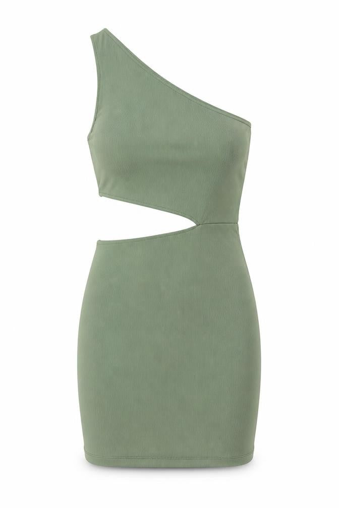 Front view of Pull&Bear Women's Green One Shoulder Dress, size S