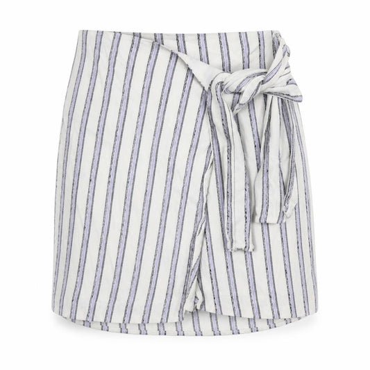 Front view of Club Monaco Women's White Wrap Skirt, size M, Striped