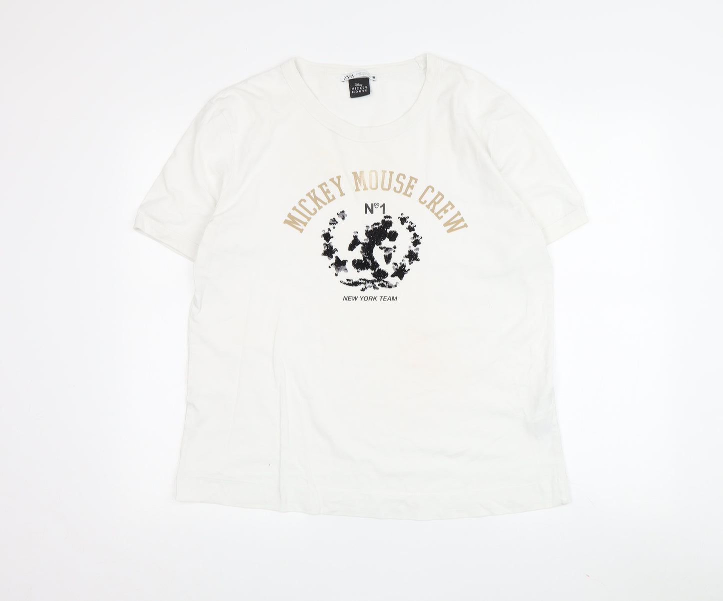 Zara Mickey Mouse Tee Unisex White M Casual Style