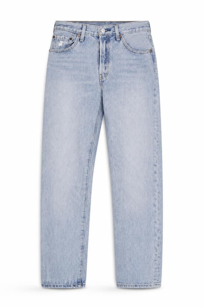 Front view of Levi's women’s blue straight jeans, size UK 26, button closure