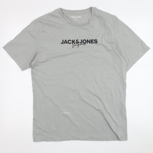 Jack & Jones Men's Grey Logo T-Shirt, Cotton, Medium