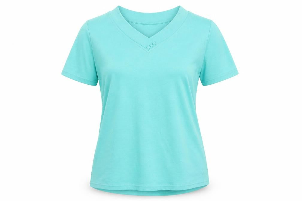 Front view of Isle Women's Blue V-Neck T-Shirt, Medium Short Sleeve