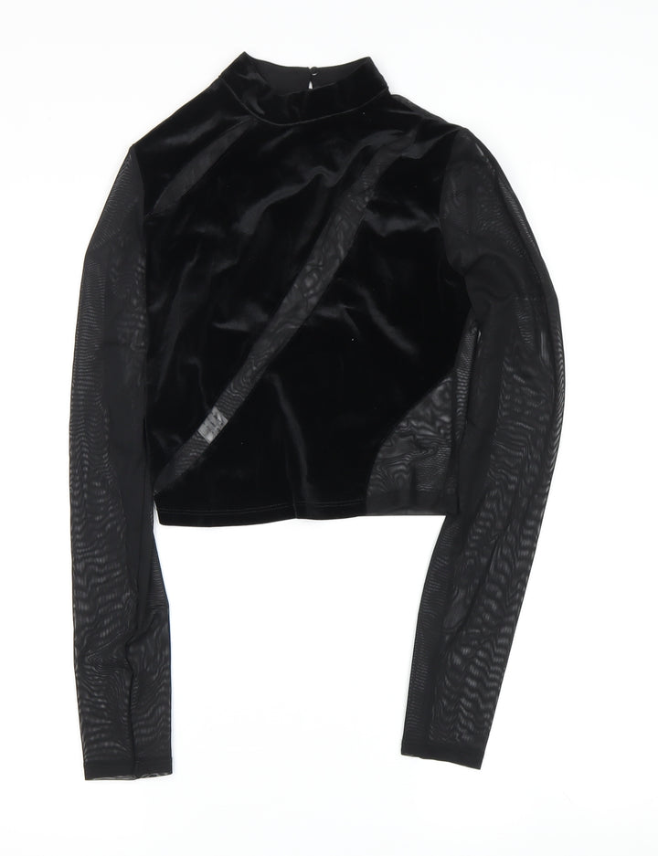 Bershka Women's Black Cropped Velour Blouse