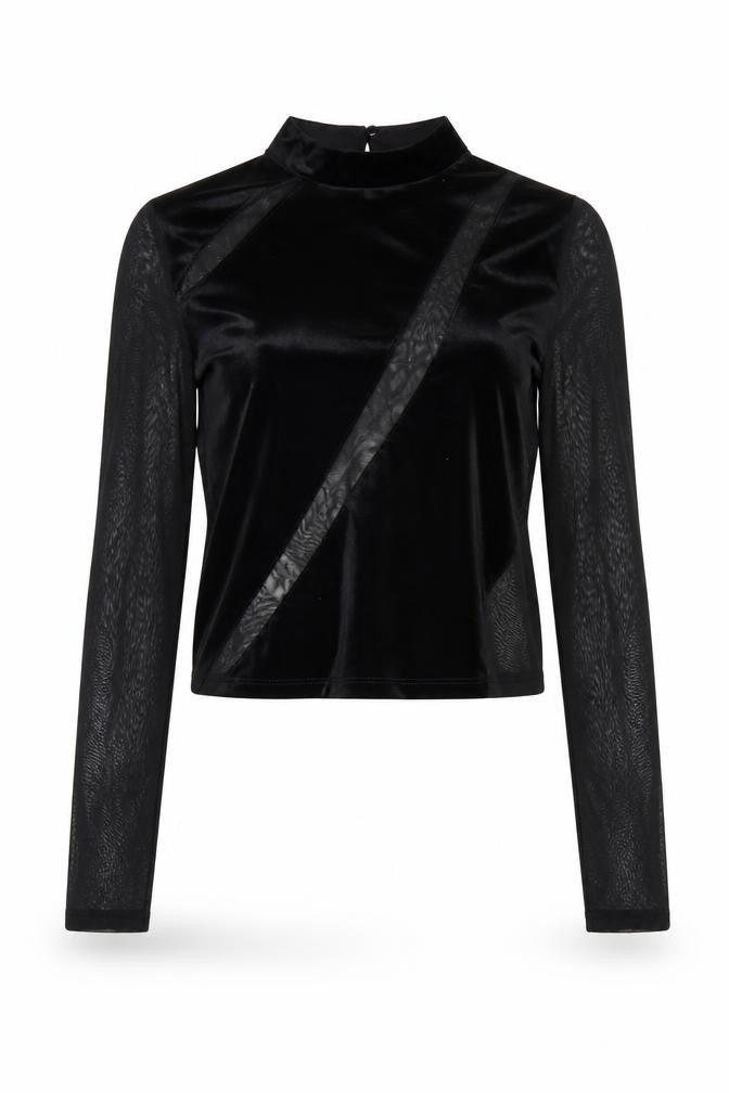 Front view of Bershka Women's Black Cropped Velour Blouse