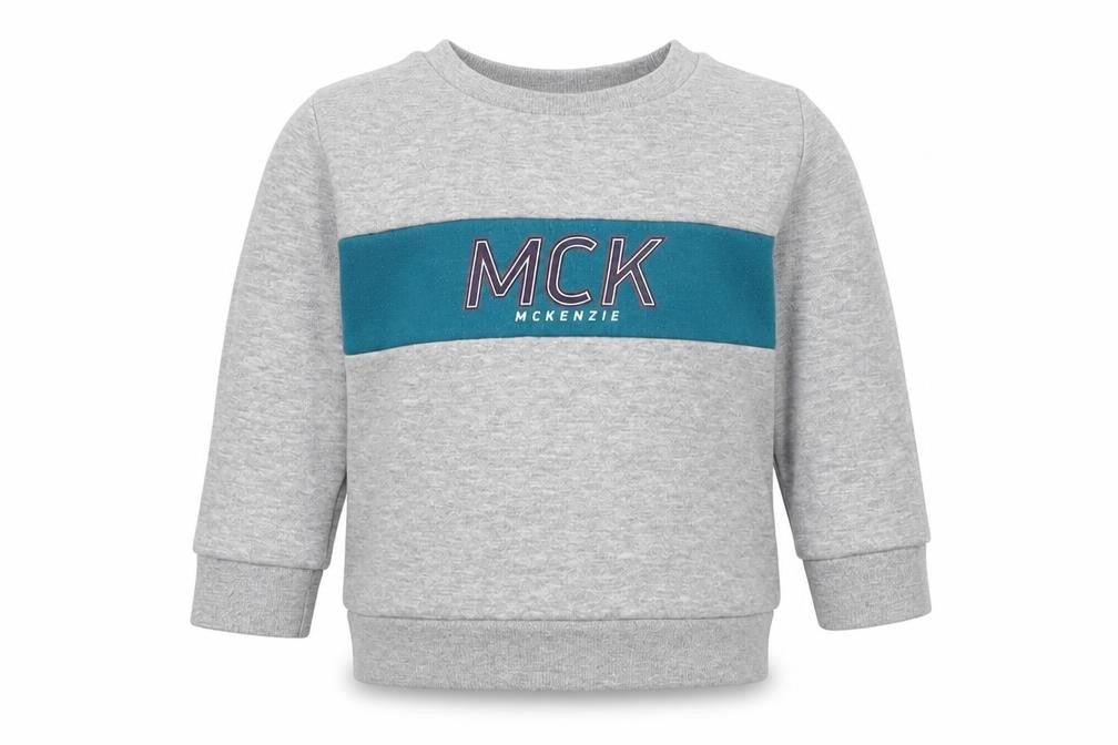 Front view of McKenzie boys’ grey pullover sweatshirt, 2 years, casual logo design