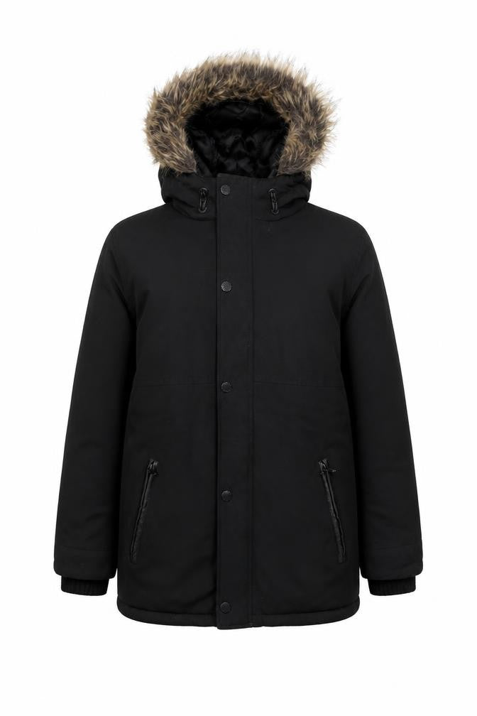 Front view of Firetrap boys’ black hooded parka jacket, size 11, great condition