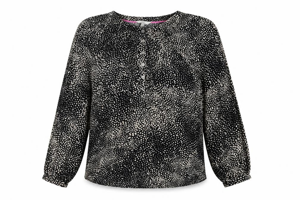 Front view of Joules Women's Black Animal Print Blouse, size 10
