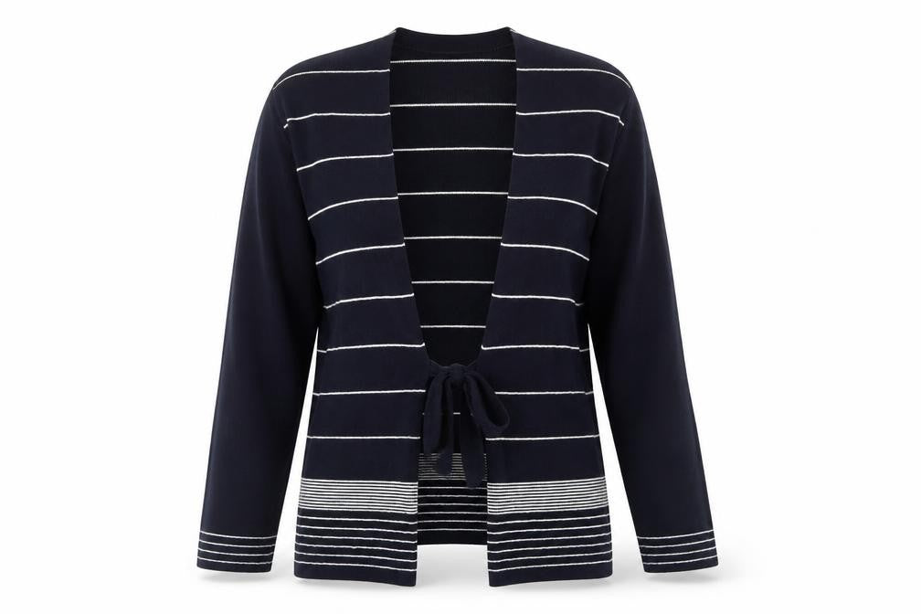 Front view of Eastex Women's Blue Striped Cardigan, size 10