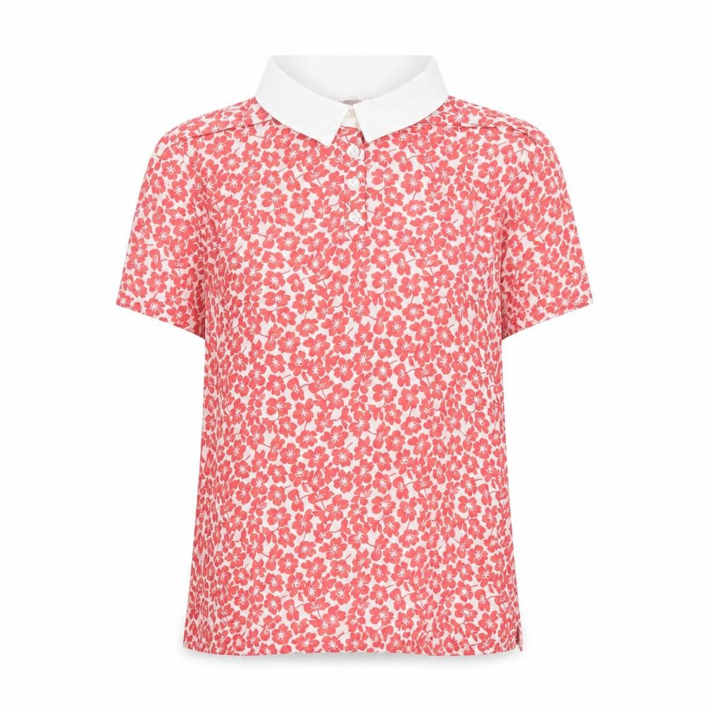Front view of Laura Ashley Women's Red Floral Collared Blouse, size 10