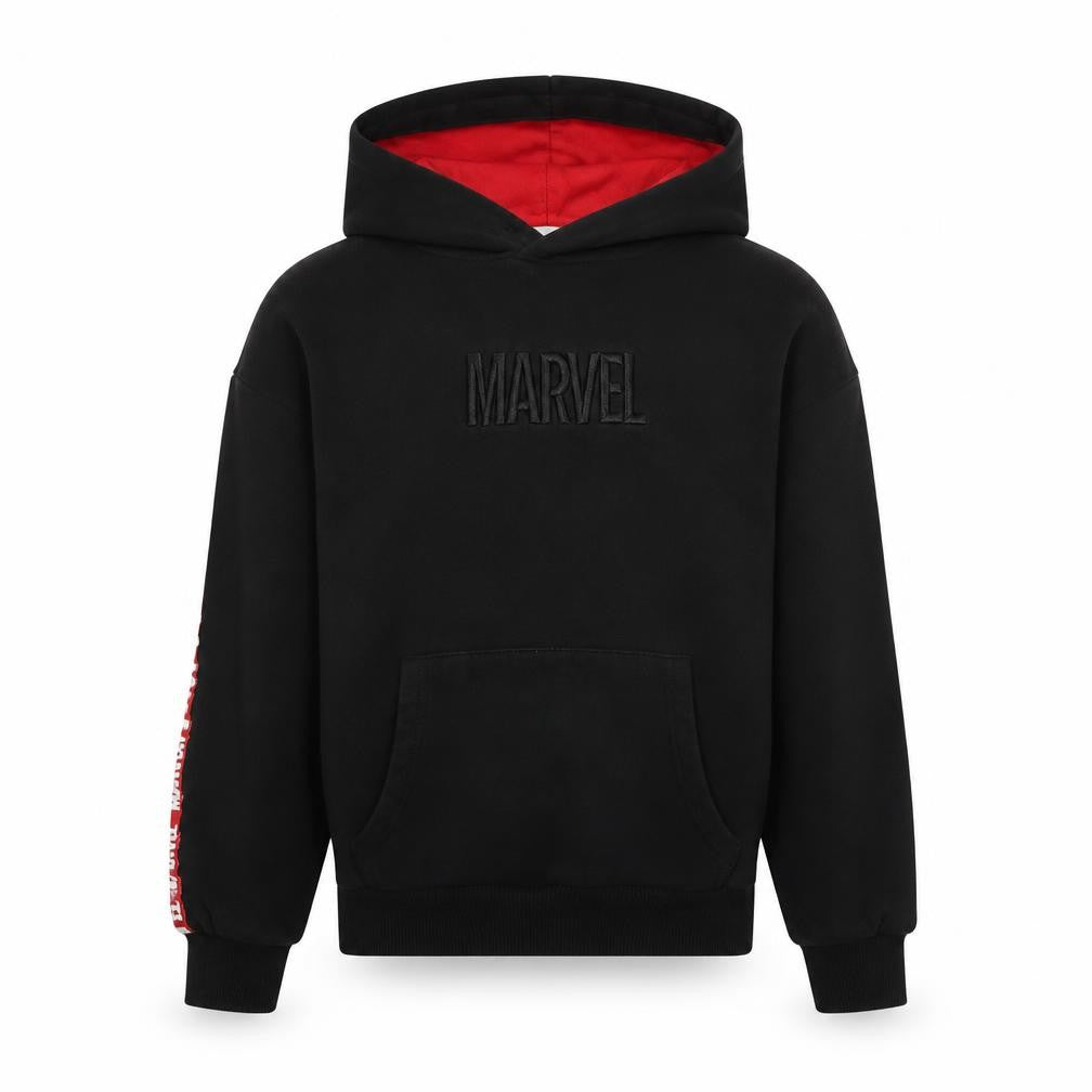 Front view of Marvel boys’ black xs pullover hoodie with logo accents