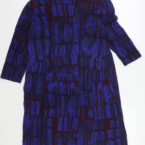 White Stuff Women's Blue Geometric Dress, UK 14, 3/4 Sleeve