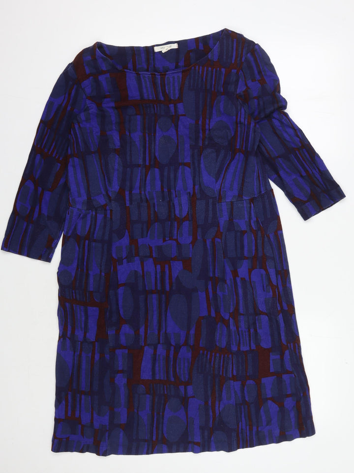 White Stuff Women's Blue Geometric Dress, UK 14, 3/4 Sleeve