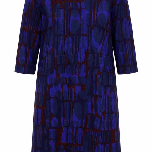 White Stuff Women's Blue Geometric Dress, UK 14, 3/4 Sleeve