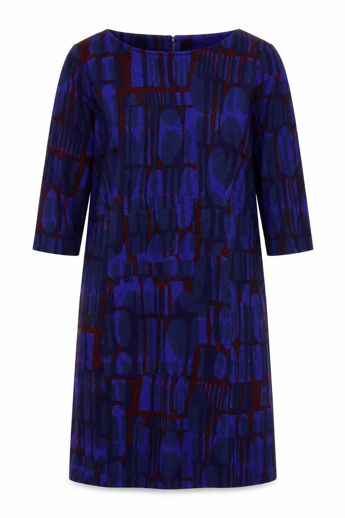 White Stuff Women's Blue Geometric Dress, UK 14, 3/4 Sleeve