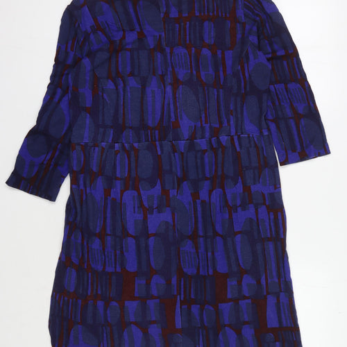 White Stuff Women's Blue Geometric Dress, UK 14, 3/4 Sleeve