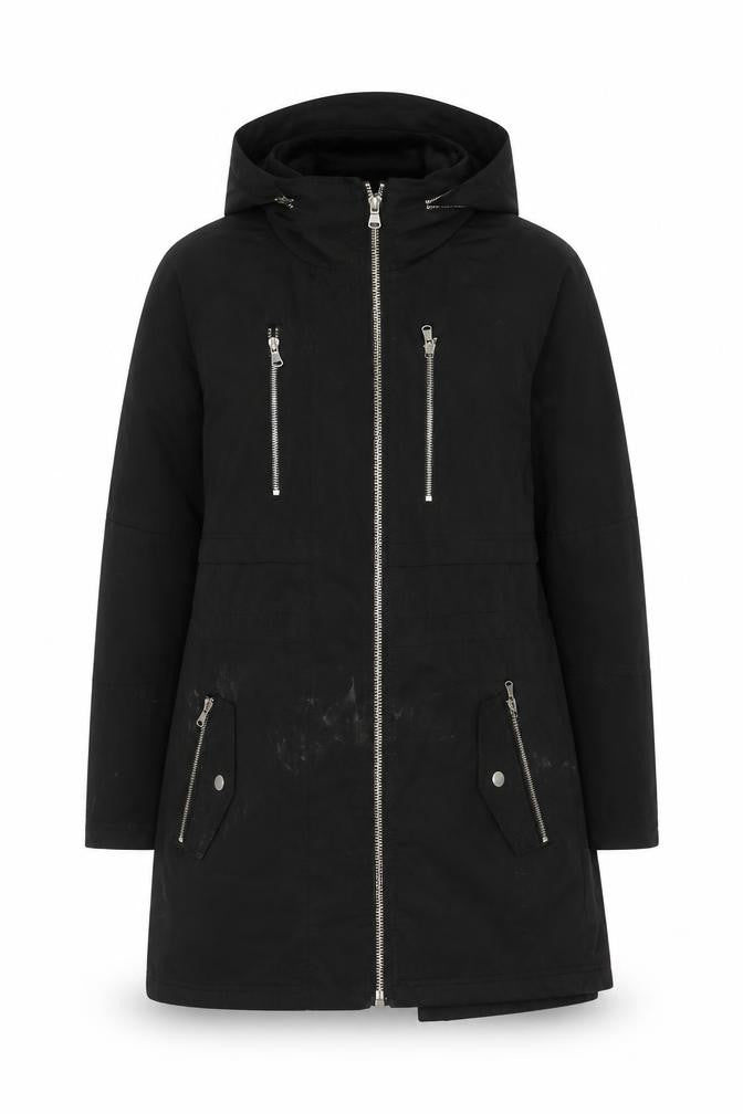 Front view of Next Women's Black Long Parka Jacket, size 10, Hooded & Zipped