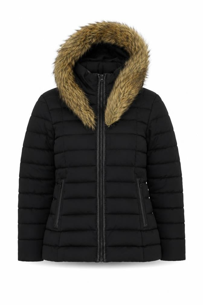 Front view of Golddigga Women's Black Puffer Jacket, size 10, Winter Warmth