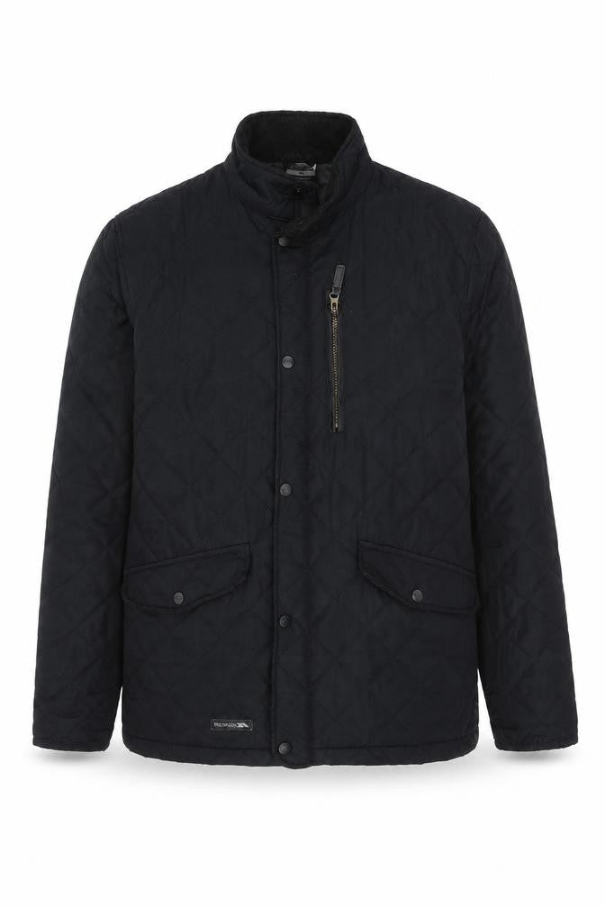 Front view of Trespass Men's Black Quilted Jacket M Stand-Up Collar