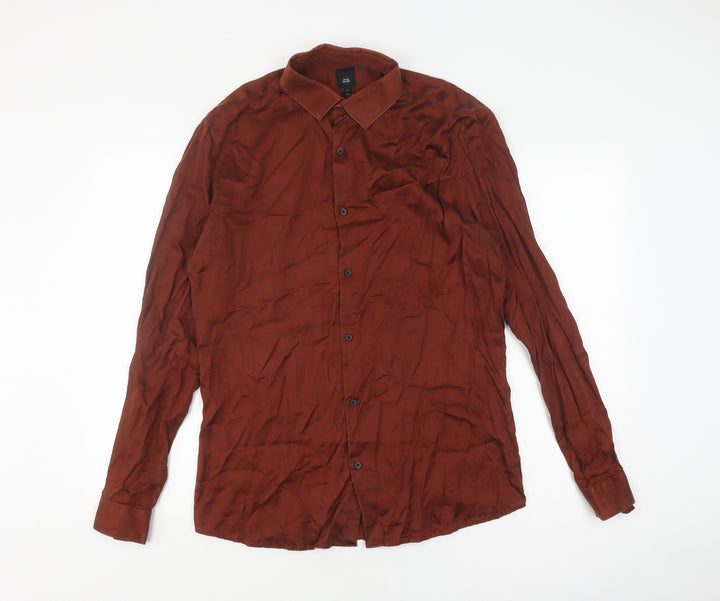 River Island Men's Brown Slim Fit Long Sleeve Shirt L