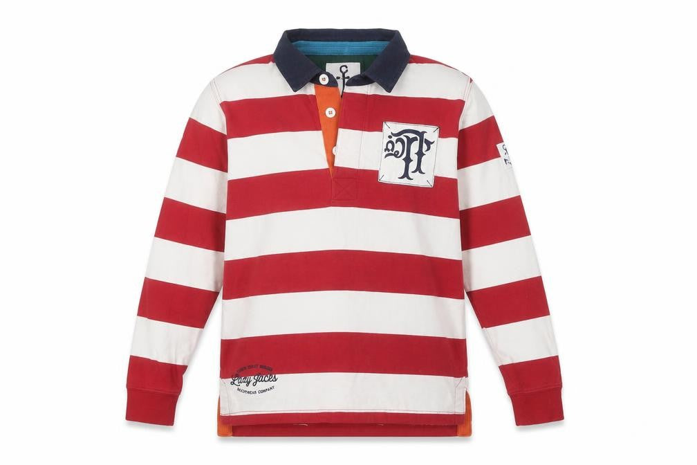 Front view of Lazy Jacks boys’ red striped long sleeve pullover 7-8 y casual