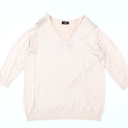 Wallis Women's Pink V-Neck Studded Pullover Jumper L