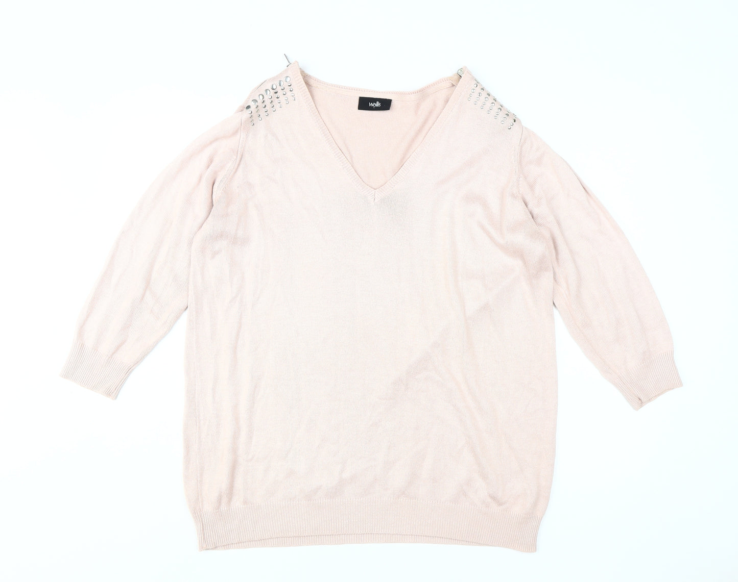 Wallis Women's Pink V-Neck Studded Pullover Jumper L