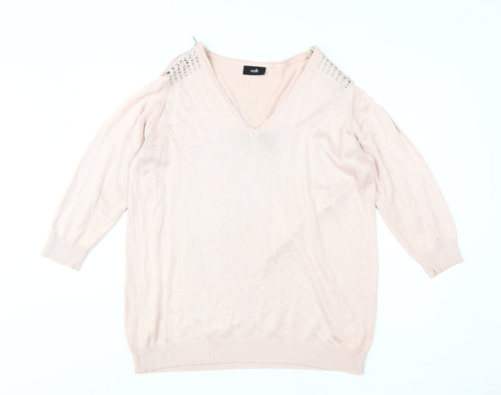 Wallis Women's Pink V-Neck Studded Pullover Jumper L