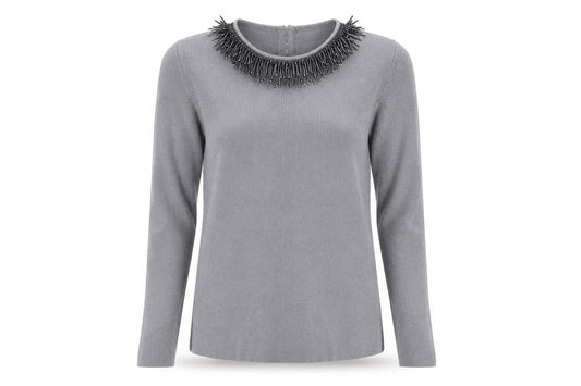 Front view of Warehouse Grey Beaded Women's Jumper, size 12