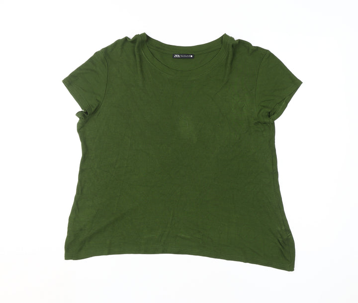 Zara Women's Green Basic T-Shirt L Viscose Casual