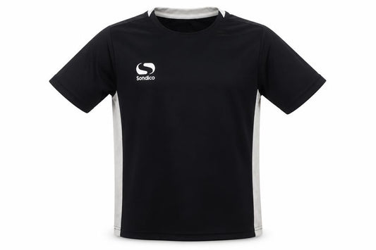 Front view of Sondico boys’ black jersey t-shirt 9-10 years football style