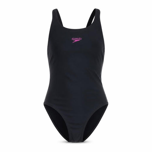 Front view of Speedo girls’ black one piece swimsuit, size 14, years, lightweight