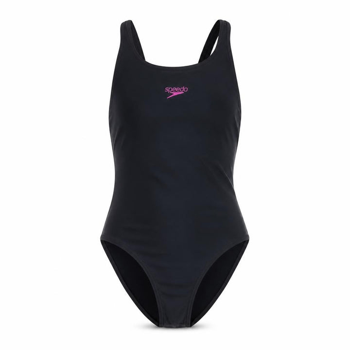 Front view of Speedo girls’ black one piece swimsuit, size 14, years, lightweight