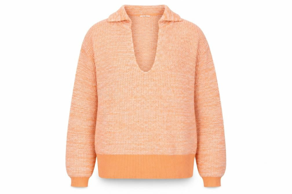 Front view of Miss Selfridge women’s orange knit collared jumper, size UK 10