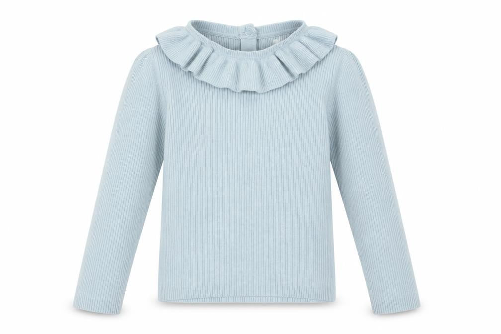 Front view of Next girls’ blue ruffle jumper 2-3 years