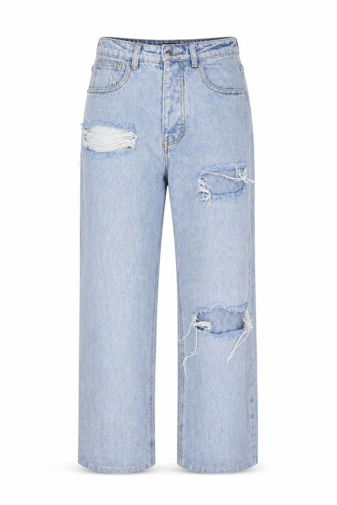 Front view of PRETTYLITTLETHING Women's Blue Distressed Boyfriend Jeans
