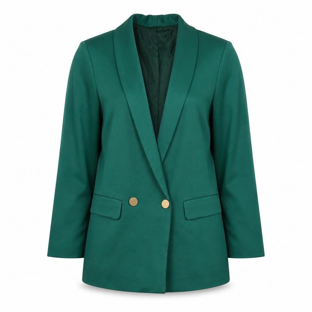 Front view of Warehouse Women's Green Blazer, size 10, Double-Breasted