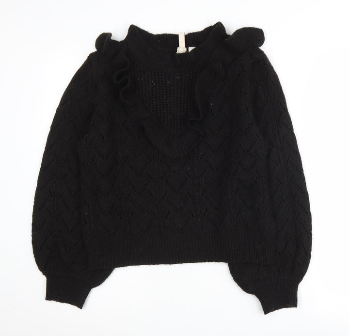 H&M Black Women's Pullover Jumper, Size M, Ruffled Accent