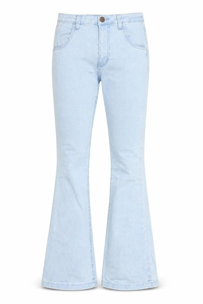 Front view of PRETTYLITTLETHING Women's Blue Flared Denim Jeans, size 6