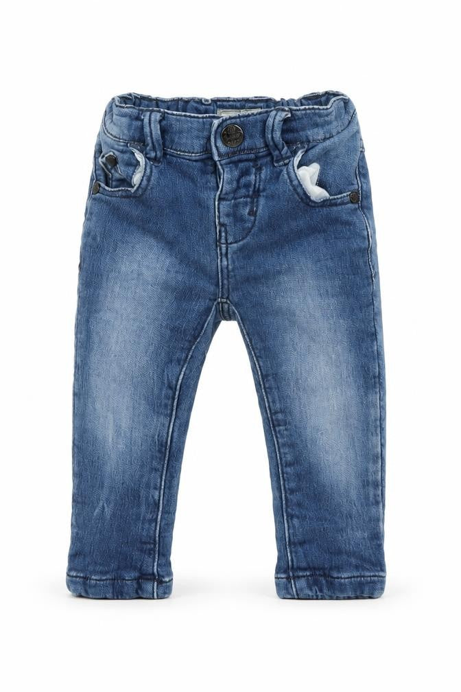 Front view of Next unisex blue denim jogger jeans, 9-12 months, casual style