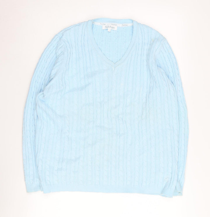 Tulchan Women's Blue Cable-Knit V-Neck Pullover Jumper L