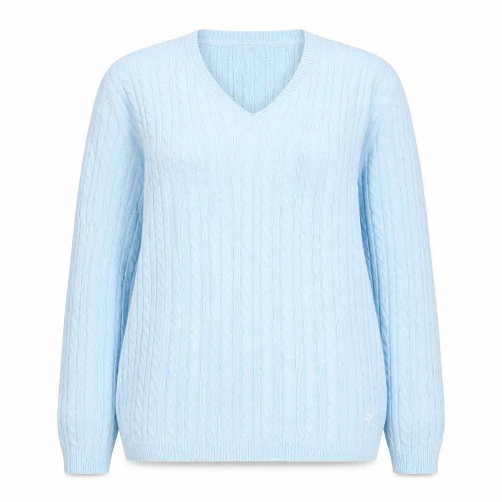 Front view of Tulchan Women's Blue Cable-Knit V-Neck jumper L