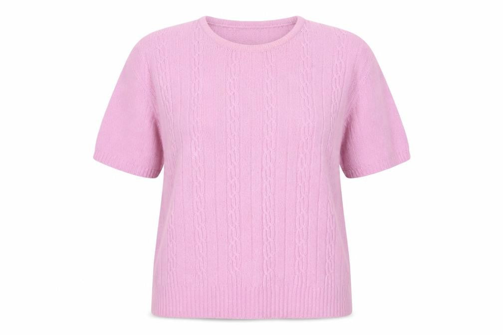 Front view of EWM Pure Classics Pink Women's Cable-Knit Pullover, L