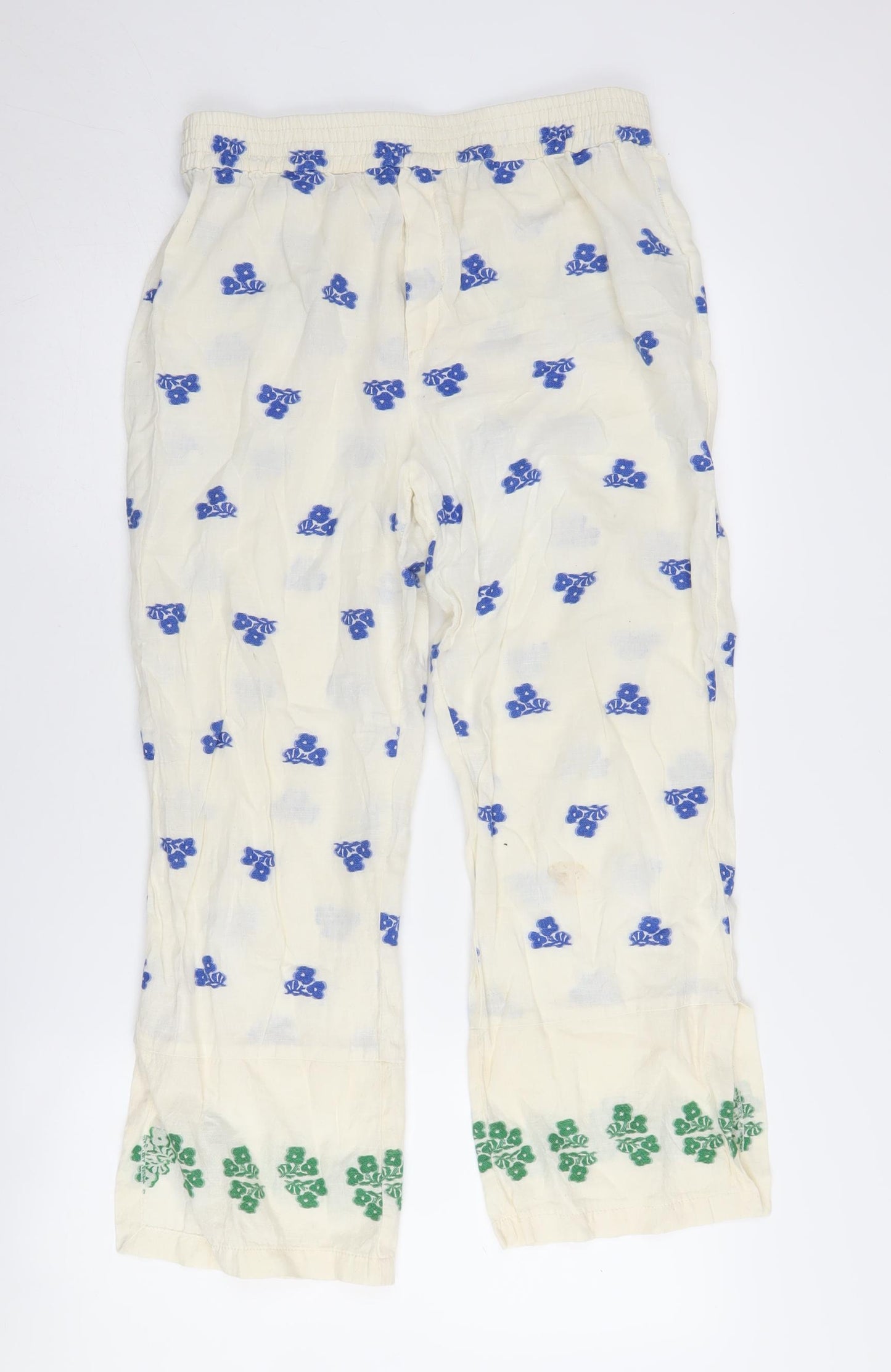 Zara Women's Ivory Floral Trousers L - Cotton Blend