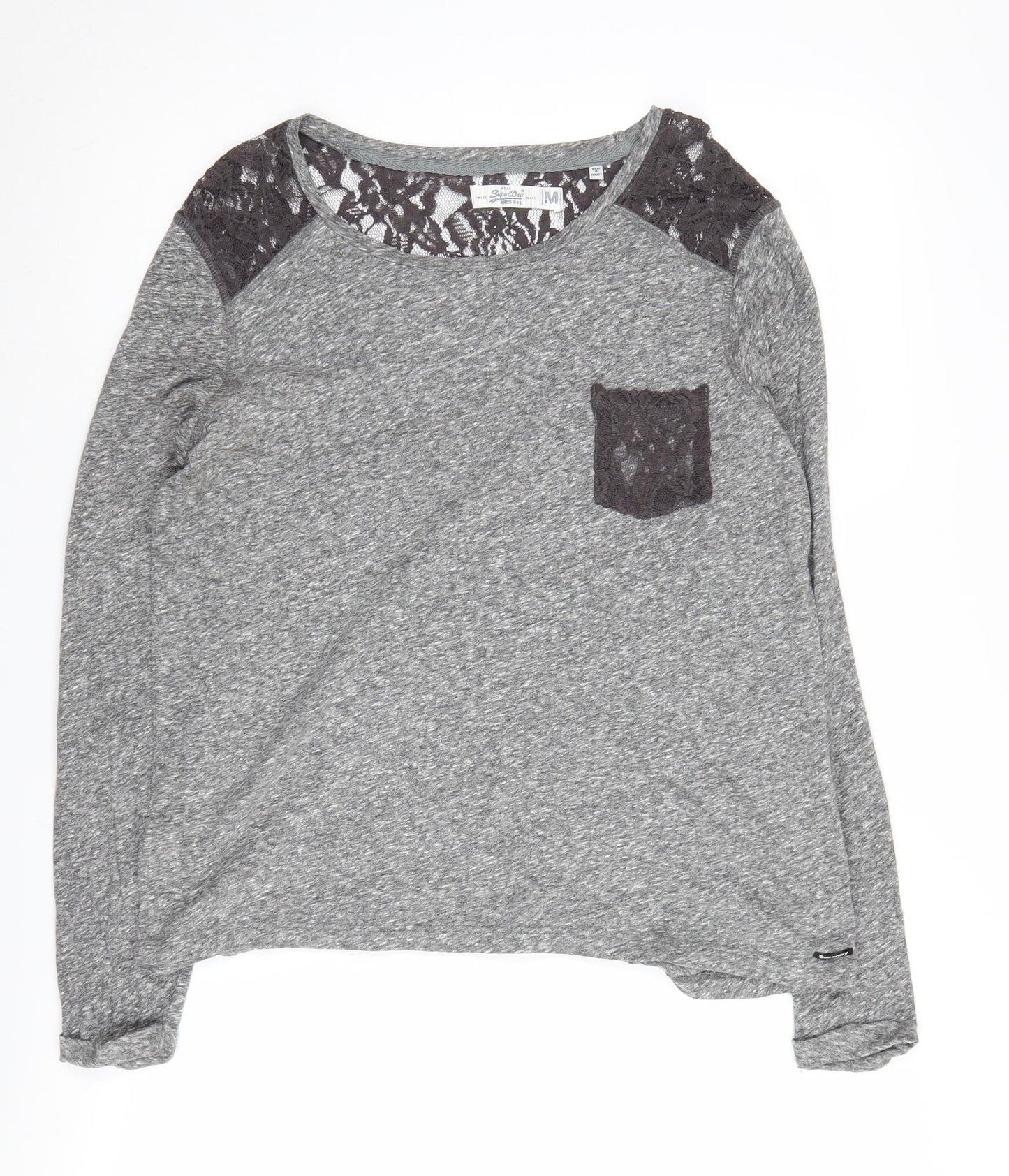 SuperDry Women's Grey Lace Long Sleeve T-Shirt, M