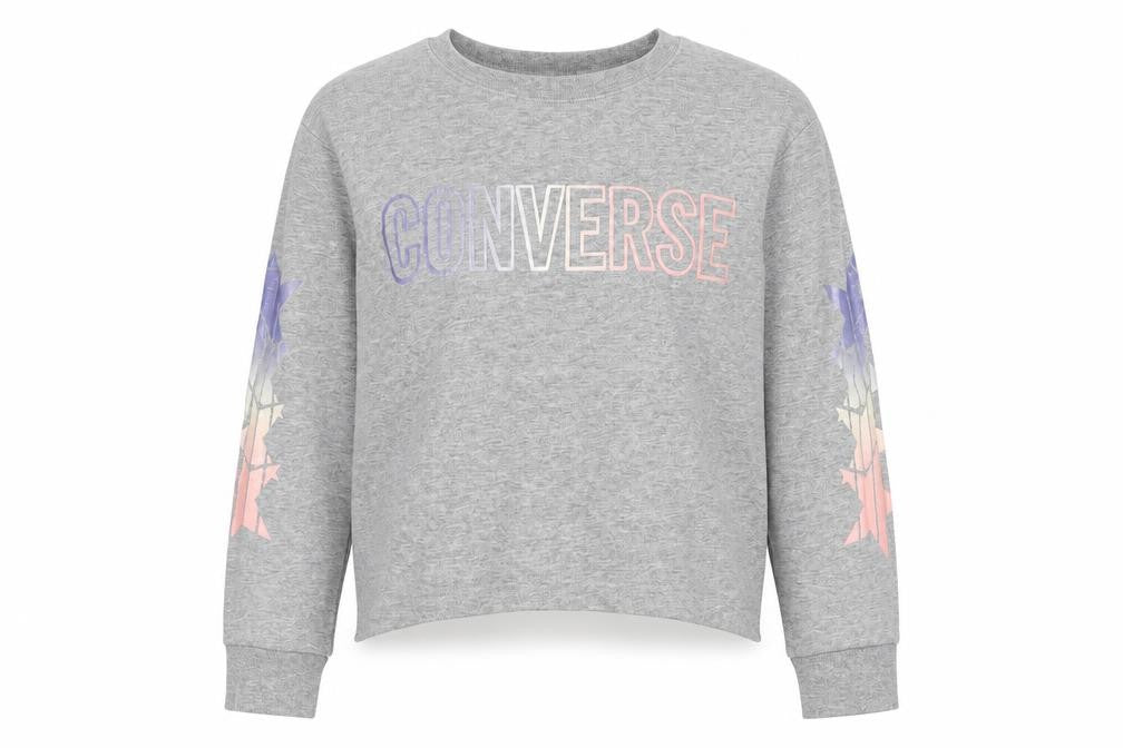 Front view of Converse girls’ grey pullover sweatshirt, 10-12 years, stars design
