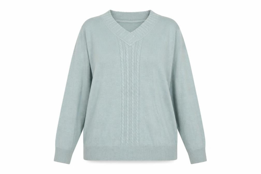Front view of Eastex Women's Green Cable-Knit jumper, size 16