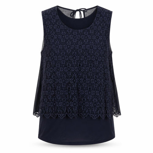 Laura Ashley Women's Blue Sleeveless Crochet Tank Top