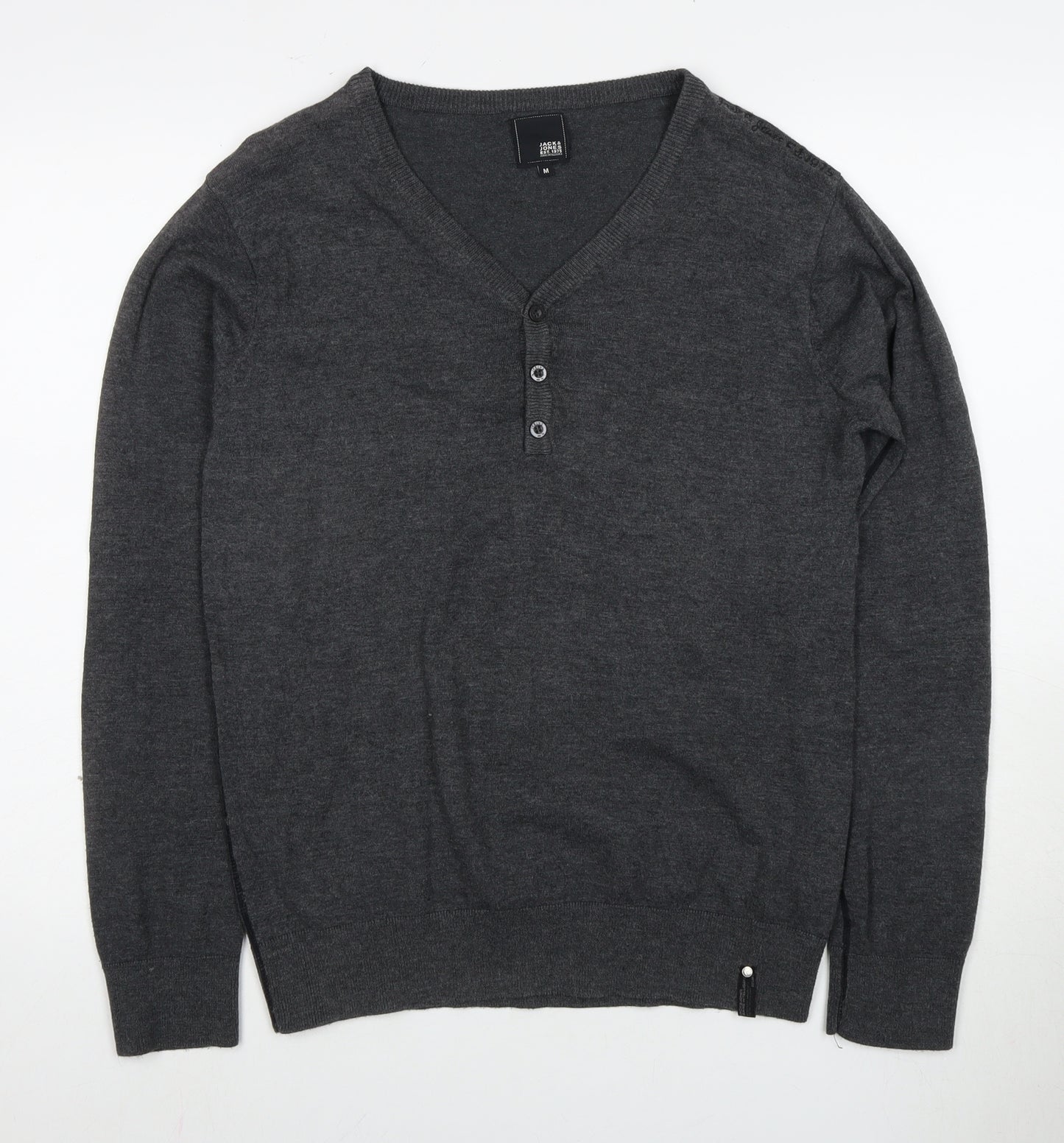 Jack & Jones Men's Grey Henley Jumper, M, V-Neck