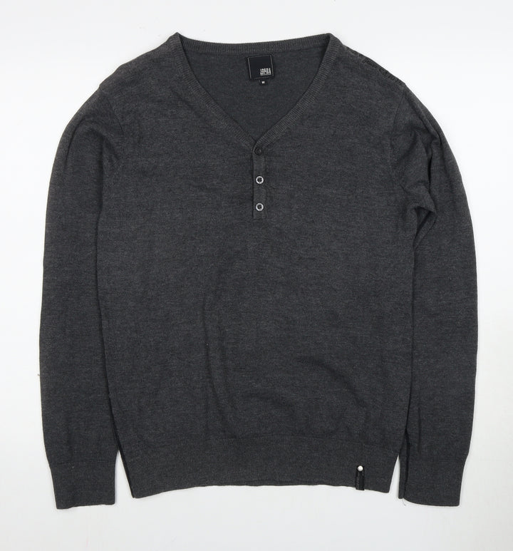 Jack & Jones Men's Grey Henley Jumper, M, V-Neck